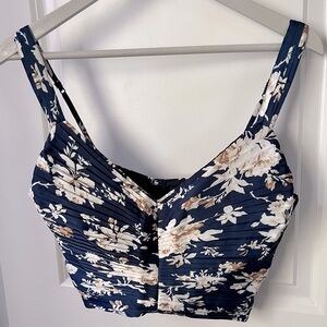 Abercrombie & Fitch Navy Cream brown Floral Ruched Crop Corset Tank Top Sz M